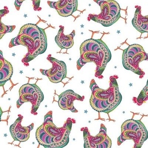 Colorful Chickens w french blue stars on white