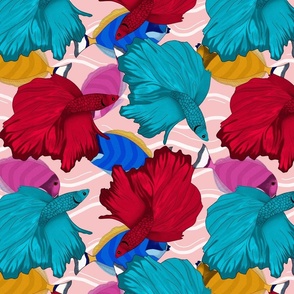 Tropical fish colored in red, fucsia, blue and yellow with pink background.