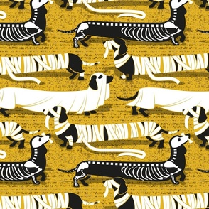 Normal scale // Spooktacular long dachshunds // goldenrod yellow background halloween mummy ghost and skeleton dogs