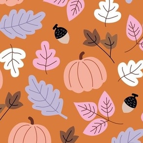 The modern fall pumpkin garden leaves and petals autumn forest orange pink peach lilac LARGE