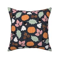 The modern fall pumpkin garden leaves and petals autumn charcoal black sage slate pink peach on charcoal gray LARGE