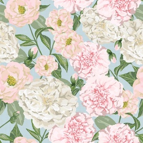 Pink and White Roses in Full Bloom (Blue)