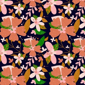 Autumn Floral with Pinks, Tans, and Greens on a Dark Background