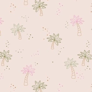 Palm tree minimalist open leaves and dots Hawaii paradise island vibes in beige sand pink forest green and sage on coral