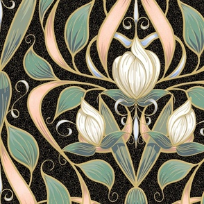 Art Nouveau Serene Blossom | Leaves on Black