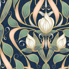 Art Nouveau Serene Blossom | Leaves on Deep Blue