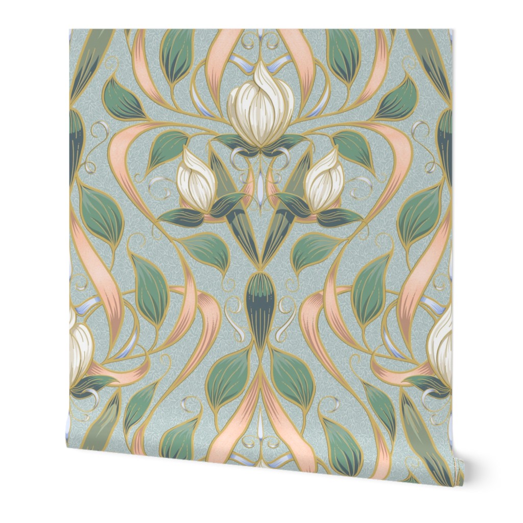 Art Nouveau Serene Blossom | Leaves on Soft Mint Green