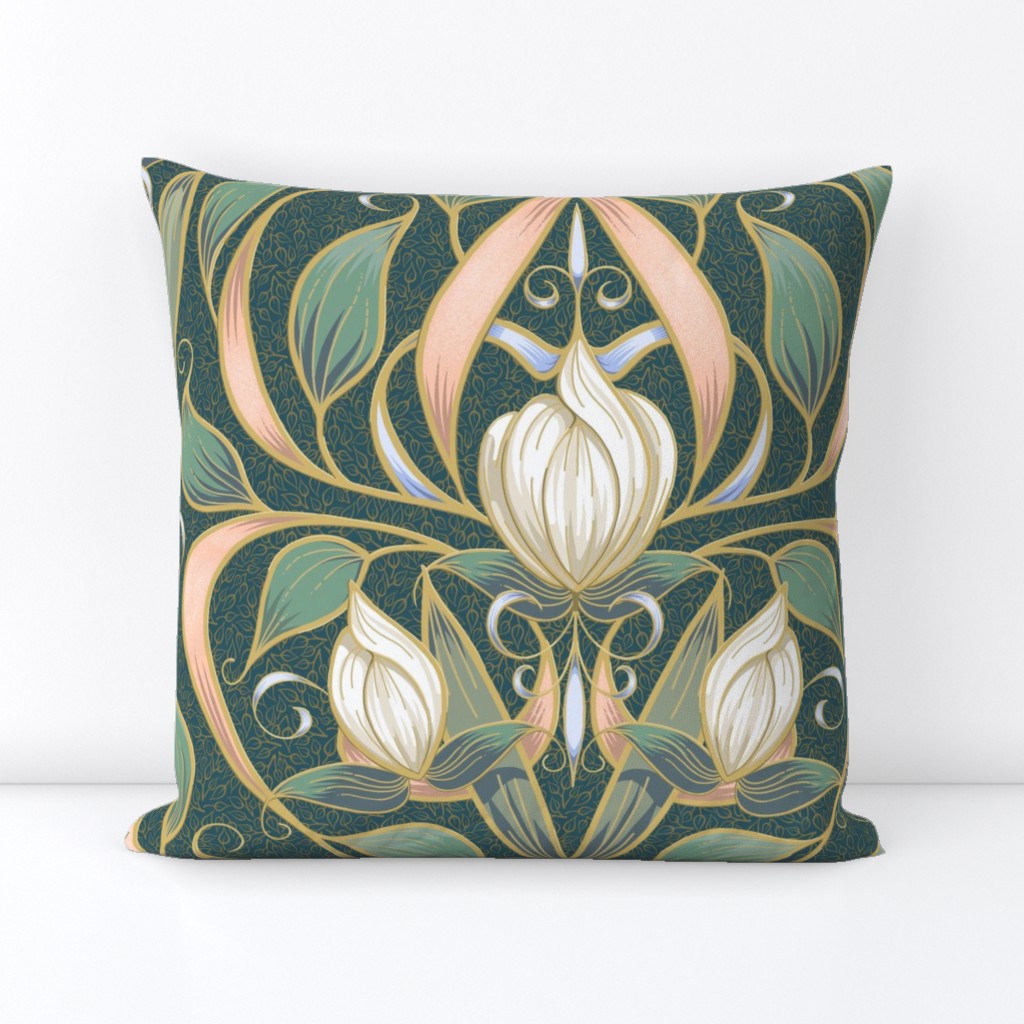 Art Nouveau Serene Blossom | Leaves on Teal Green