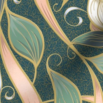 Art Nouveau Serene Blossom | Leaves on Teal Green