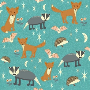 Nocturnal Animals Fox, Badger, Hedgehog on Blue - Large Scale