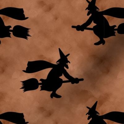 Large Scale Wicked Flying Witches Black Silhouettes on Spooky Burnt Orange