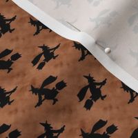 Small Scale Wicked Flying Witches Black Silhouettes on Spooky Burnt Orange