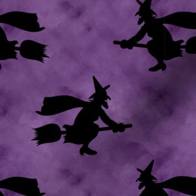 Large Scale Wicked Flying Witches Black Silhouettes on Spooky Dark Purple