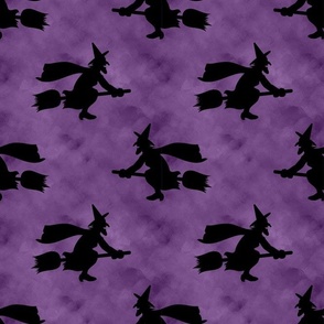 Large Scale Wicked Flying Witches Black Silhouettes on Spooky Dark Purple