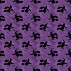 Medium Scale Wicked Flying Witches Black Silhouettes on Spooky Dark Purple