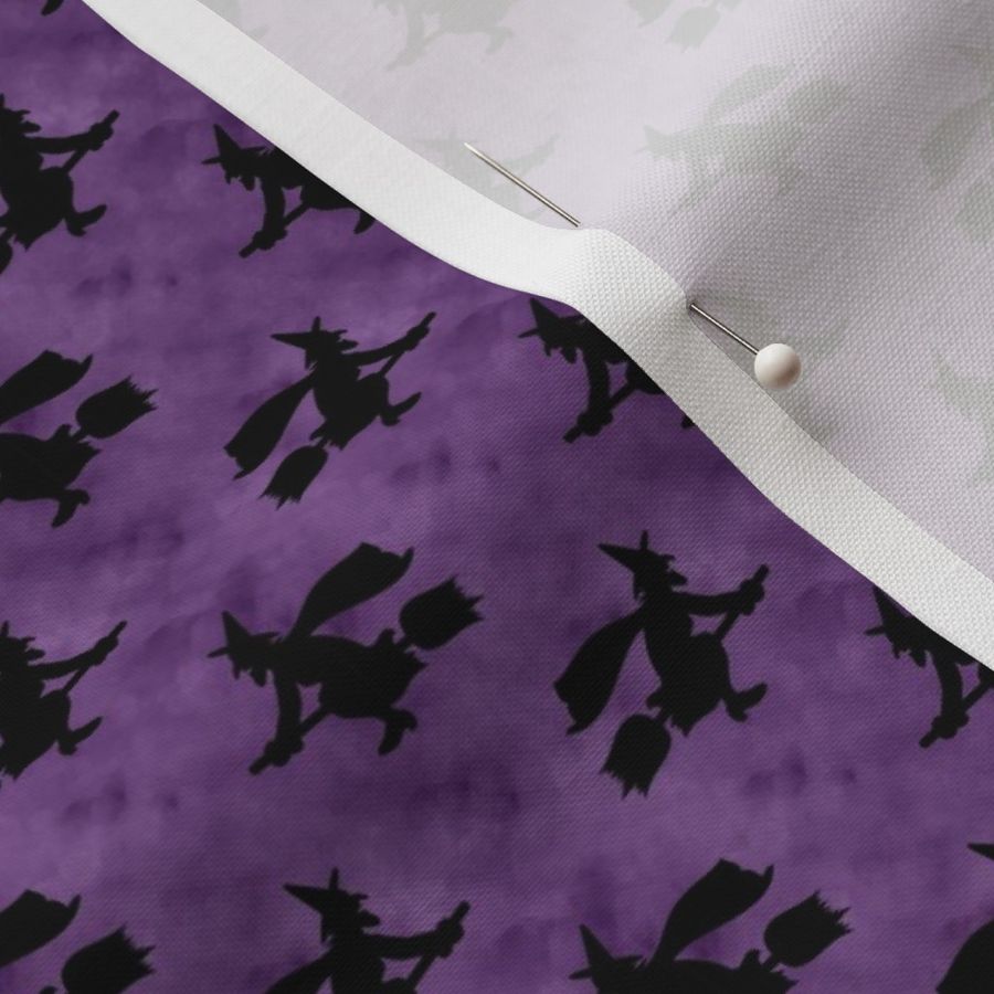 Small Scale Wicked Flying Witches Black Silhouettes on Spooky Dark Purple