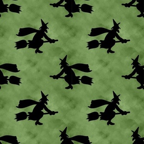 Large Scale Wicked Flying Witches Black Silhouettes on Stormy Moss Green Sky