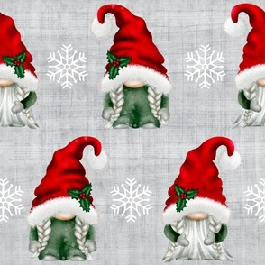 Large Scale Christmas Gnomes and White Winter Snowflakes on Soft Grey Texture