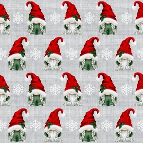 Medium Scale Christmas Gnomes and White Winter Snowflakes on Soft Grey Texture