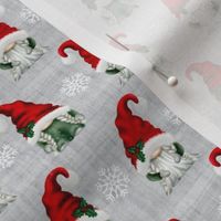 Small Scale Christmas Gnomes and White Winter Snowflakes on Soft Grey Texture