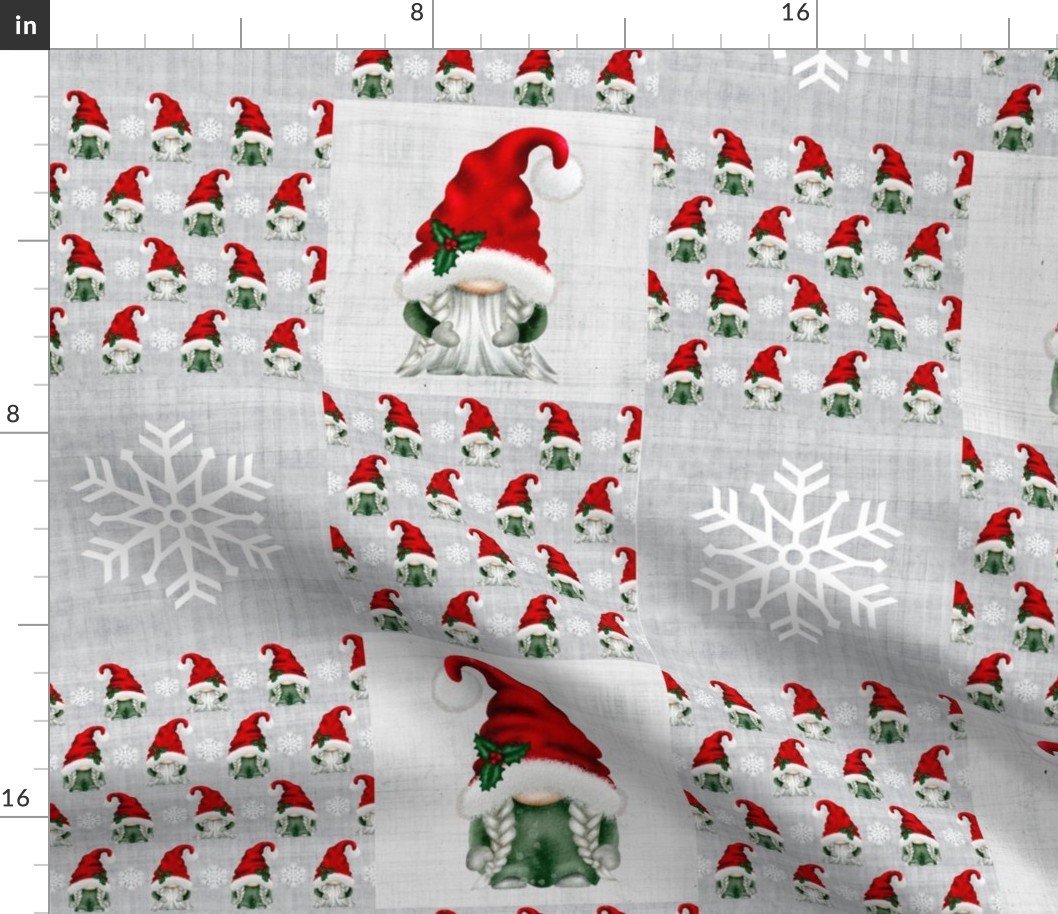 Patchwork 6" Square Cheater Quilt Christmas Gnomes and White Winter Snowflakes on Soft Grey Texture