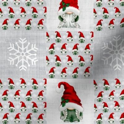 Smaller Patchwork 3" Square Cheater Quilt Christmas Gnomes and White Winter Snowflakes on Soft Grey Texture