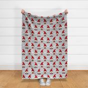 Large Scale Santa and Mrs. Claus Christmas Gnomes and White Winter Snowflakes on Soft Grey Texture