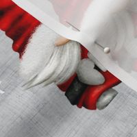 Large Scale Santa and Mrs. Claus Christmas Gnomes and White Winter Snowflakes on Soft Grey Texture