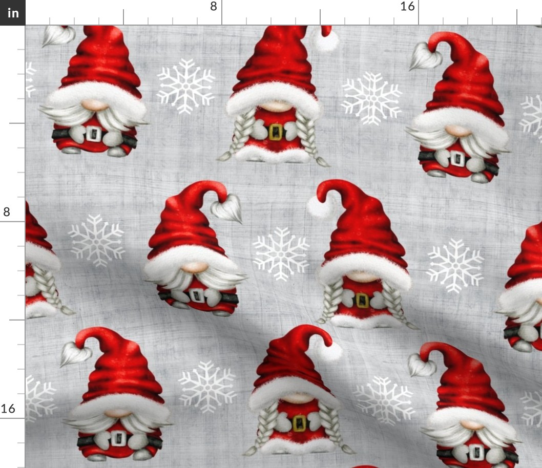 Large Scale Santa and Mrs. Claus Christmas Gnomes and White Winter Snowflakes on Soft Grey Texture