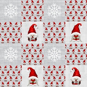 Patchwork 6" Square Cheater Quilt Santa and Mrs. Claus Christmas Gnomes and White Winter Snowflakes on Soft Grey Texture