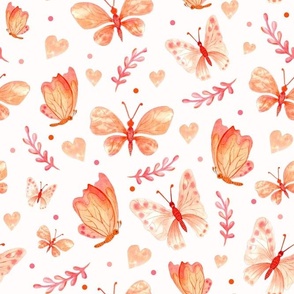 Large Scale Coral Watercolor Butterflies on Light Background