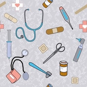 Medical Supplies Pattern on Grey