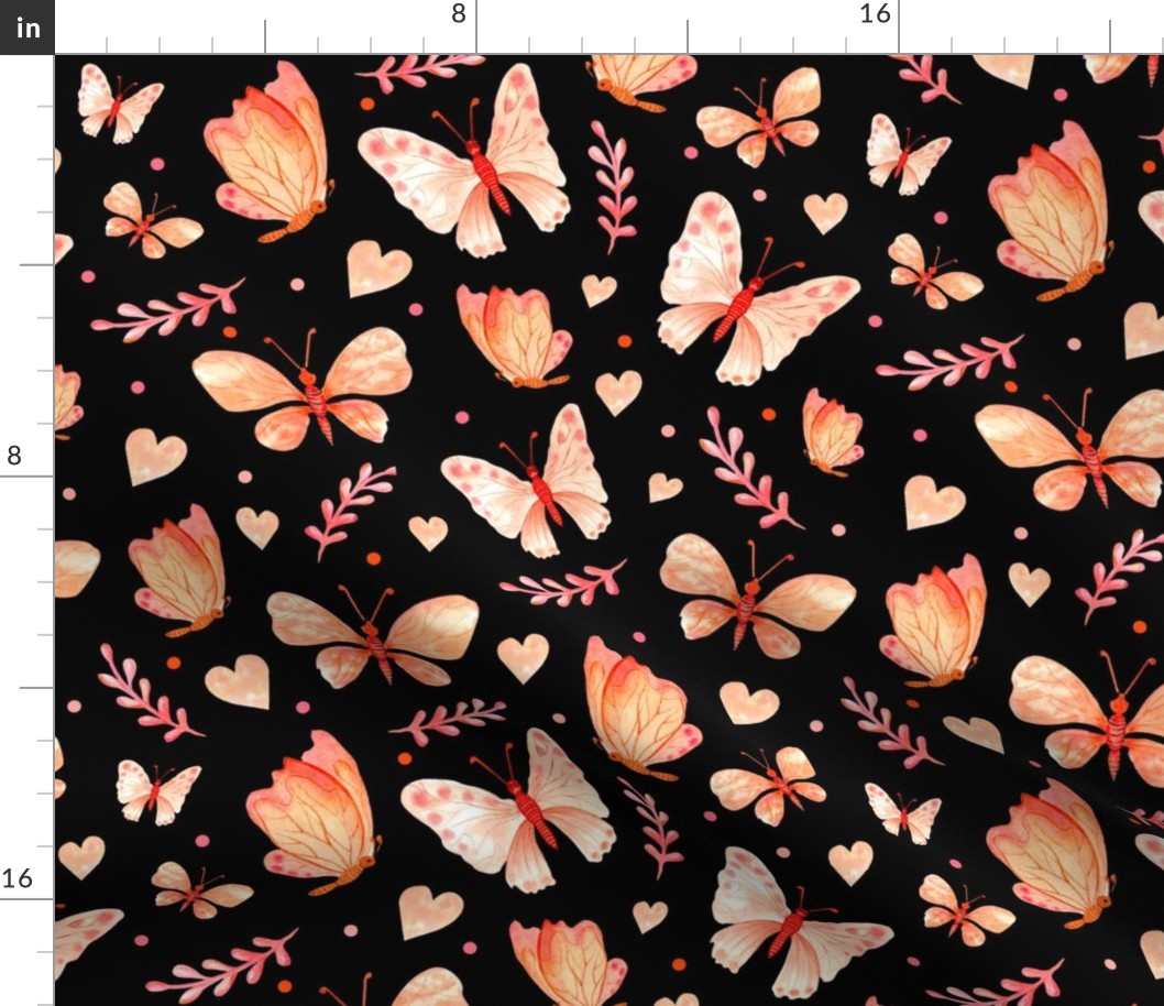 Large Scale Coral Watercolor Butterflies on Black Background