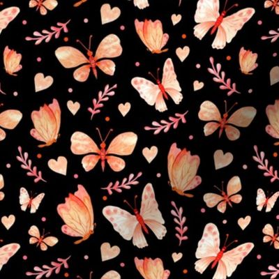 Medium Scale Coral Watercolor Butterflies on Black Background