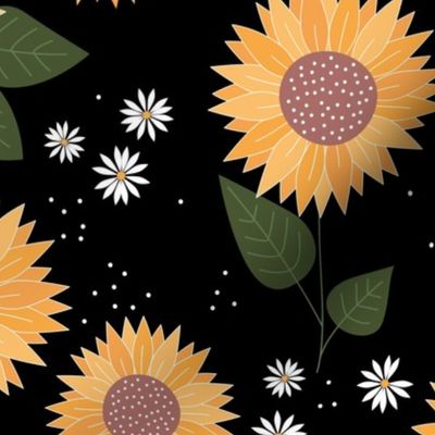 Indian summer sunflowers leaves dots and daisies white yellow green on black JUMBO