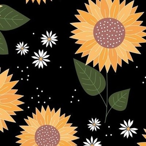Indian summer sunflowers leaves dots and daisies white yellow green on black JUMBO