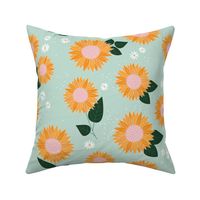 Indian summer sunflowers leaves and daisies yellow green on mint sage JUMBO