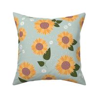 Indian summer sunflowers leaves and daisies white yellow olive green on mint sage JUMBO