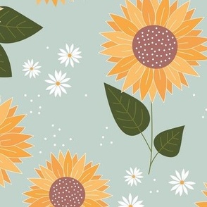 Indian summer sunflowers leaves and daisies white yellow olive green on mint sage JUMBO