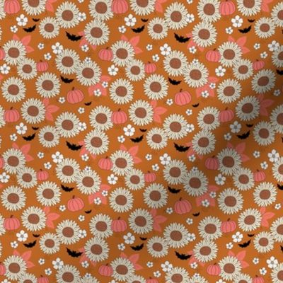 Sunflowers field and pumpkin patch boho garden fall blossom and bats halloween design burnt orange pink beige SMALL