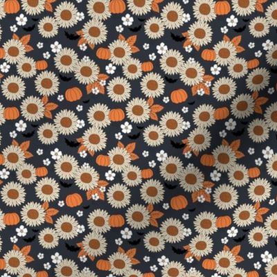 Sunflowers field and pumpkin patch boho garden fall blossom and bats halloween design navy blue orange beige SMALL