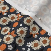 Sunflowers field and pumpkin patch boho garden fall blossom and bats halloween design navy blue orange beige SMALL