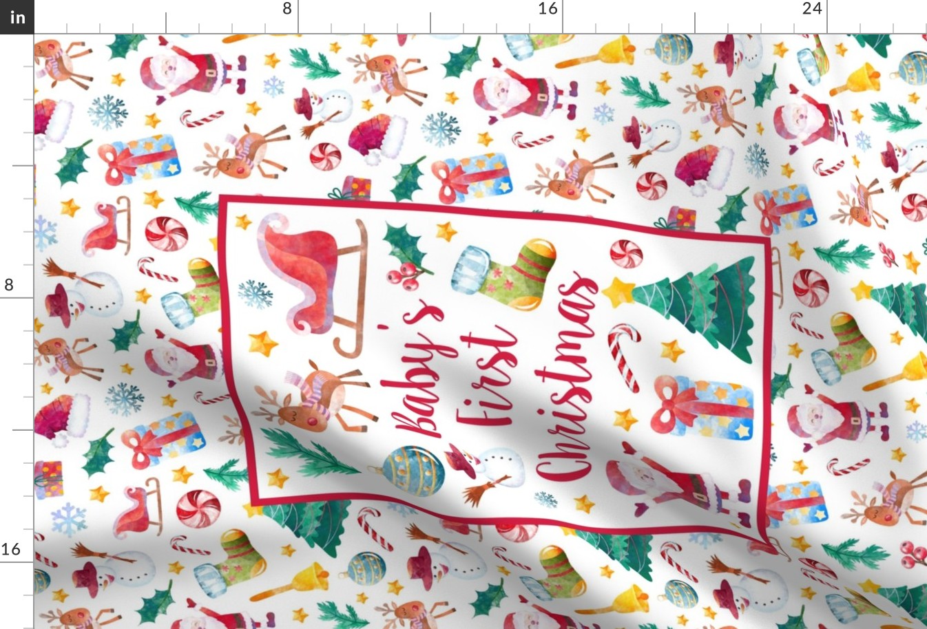 Large 27x18 Fat Quarter Panel for Tea Towel or Wall Art Hanging or Lovey Baby's First Christmas Santa Reindeer Sleigh Snowman Candy Cane Stockings and Gifts