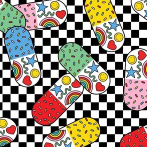 Retro Happy Pills Checkerboard Rainbow