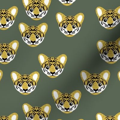 Little baby tiger safari jungle animal portrait friends illustration mustard yellow on moody green