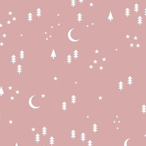 Celestial minimalist Christmas stars and moon phase happy holidays christmas trees white on mauve rose pink 