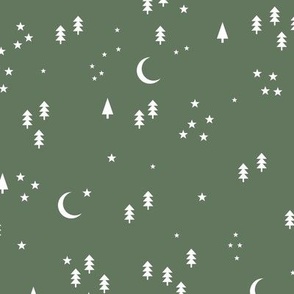 Celestial minimalist Christmas stars and moon phase happy holidays christmas trees white on green
