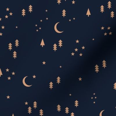 Celestial minimalist Christmas stars and moon phase happy holidays christmas trees golden caramel on deep navy blue