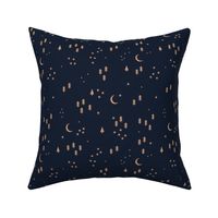 Celestial minimalist Christmas stars and moon phase happy holidays christmas trees golden caramel on deep navy blue