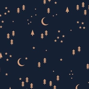 Celestial minimalist Christmas stars and moon phase happy holidays christmas trees golden caramel on deep navy blue